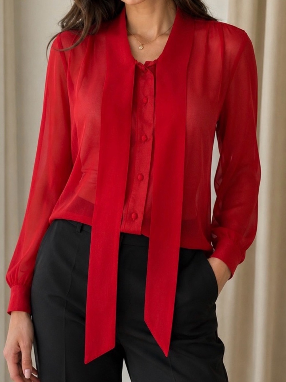 Alice Moon- Red Sheer Tie-Neck Blouse Size Medium